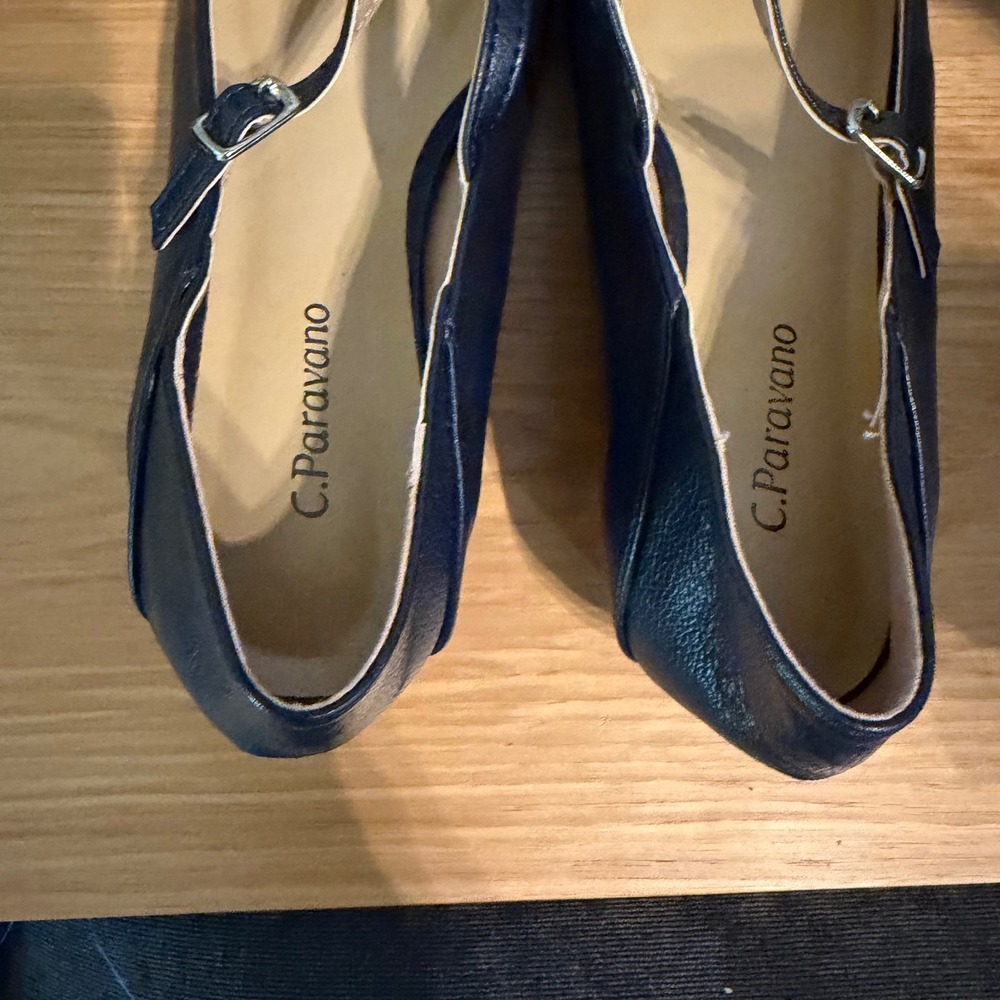 C.Paravano Womens Navy Blue Square Pointed Toe Mary Jane Low Block Heel Pumps 38 - Picture 4 of 7